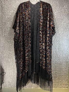 Lovestitch Black Burnout Sheer Velvet Kaftan One Size Kimono Cover Up Fringe